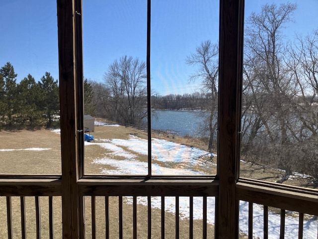 interior details with a water view