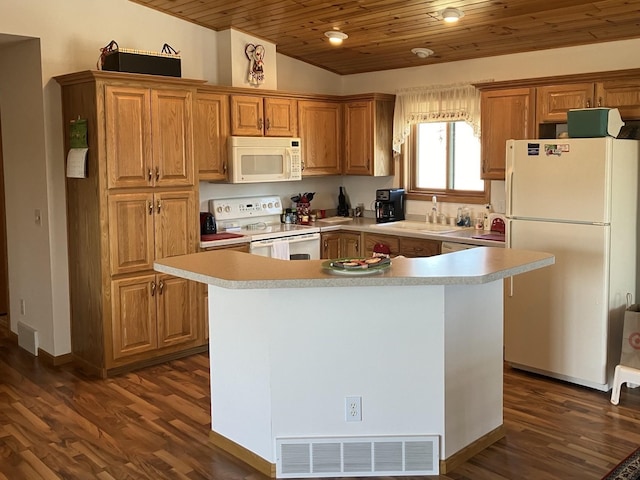kitchen featuring a sink, white appliances, light countertops, a kitchen island, and wood ceiling