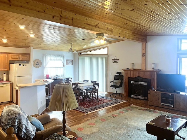 living room featuring a ceiling fan, wood ceiling, wood finished floors, and a fireplace