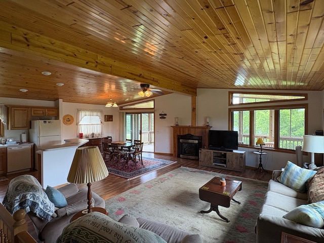 27588 226th St, Underwood, MN 56586 - living area featuring vaulted ceiling, wood finished floors, wooden ceiling, and a fireplace