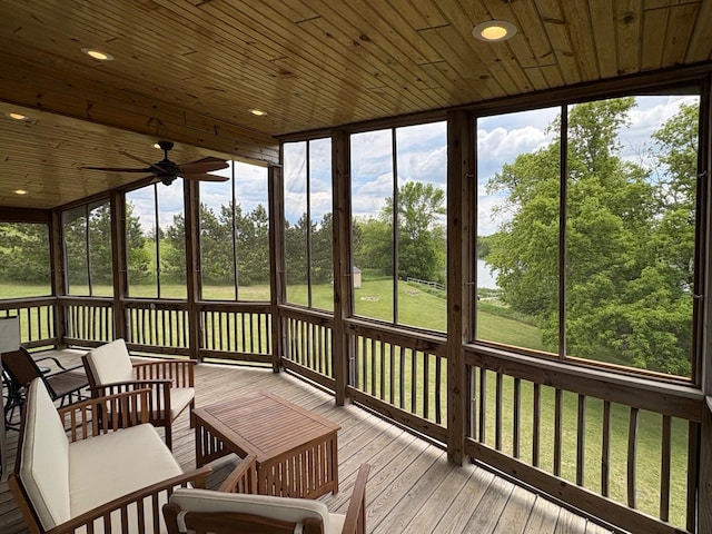 27588 226th St, Underwood, MN 56586 - sunroom featuring ceiling fan and view of scattered trees