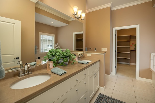 4051 Autumn Lake Ct SW, Rochester, MN 55902 - full bathroom with ornamental molding, double vanity, a spacious closet, tile patterned floors, and a chandelier