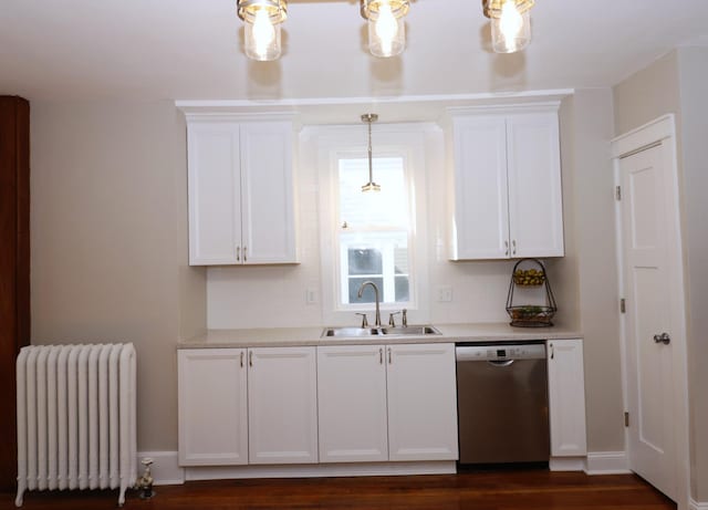 238 Lincoln St, Mankato, MN 56001 - kitchen featuring radiator heating unit, white cabinets, stainless steel dishwasher, and a sink