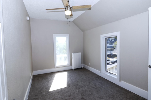 238 Lincoln St, Mankato, MN 56001 - bonus room featuring radiator, dark carpet, baseboards, a ceiling fan, and vaulted ceiling