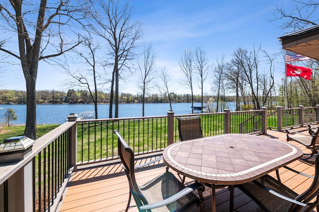 wooden deck featuring a water view and a yard