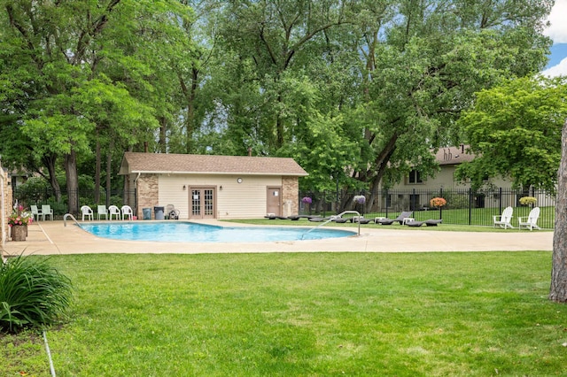 4508 Cedar Lake Rd S Unit 2, Saint Louis Park, MN 55416 - view of pool featuring fence, a patio, french doors, a fenced in pool, and a lawn