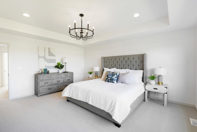 bedroom featuring carpet floors, recessed lighting, baseboards, and a chandelier