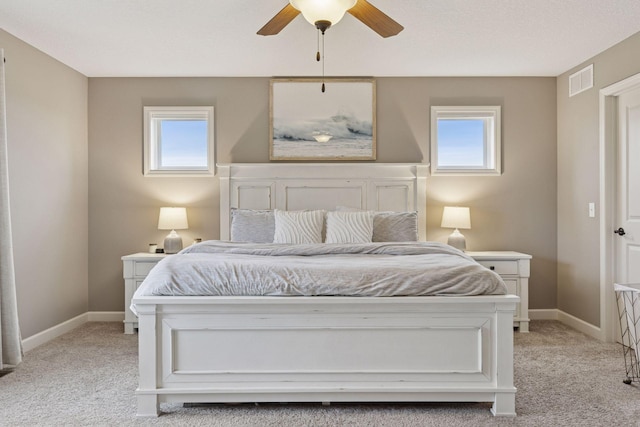 6573 Bridle Path, Corcoran, MN 55340 - bedroom featuring light colored carpet, multiple windows, and ceiling fan