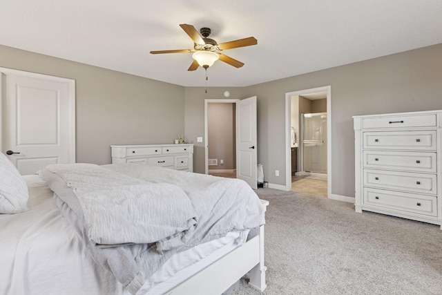 6573 Bridle Path, Corcoran, MN 55340 - bedroom featuring light colored carpet, baseboards, ceiling fan, and connected bathroom