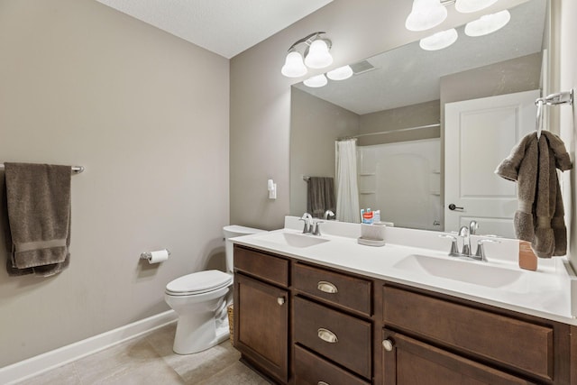 6573 Bridle Path, Corcoran, MN 55340 - bathroom featuring baseboards, toilet, curtained shower, tile patterned flooring, and double vanity