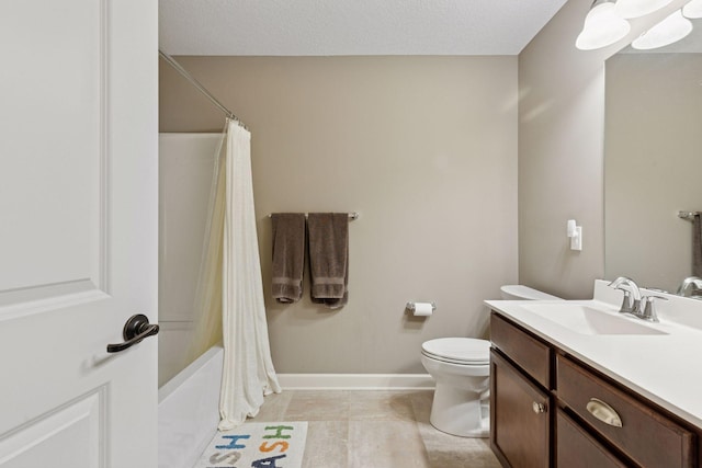 6573 Bridle Path, Corcoran, MN 55340 - bathroom featuring toilet, vanity, baseboards, tile patterned floors, and shower / bath combo
