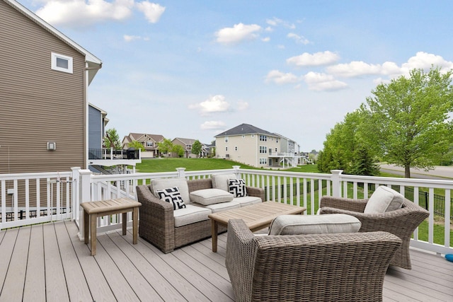 6573 Bridle Path, Corcoran, MN 55340 - wooden terrace featuring an outdoor hangout area, a residential view, and a lawn
