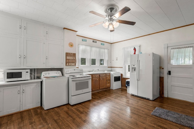 52905 Deerwood Ave, Rush City, MN 55069 - kitchen featuring white appliances, washer / clothes dryer, a sink, ceiling fan, and ornamental molding