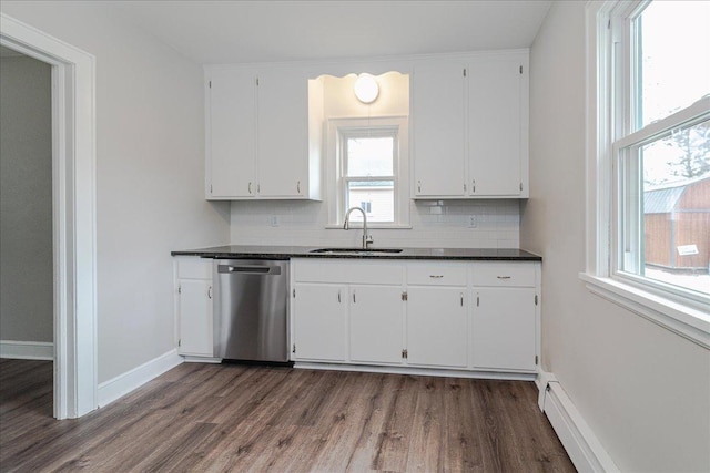 kitchen featuring backsplash, dark wood finished floors, dishwasher, a sink, and white cabinets