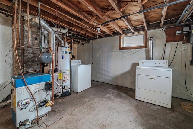 below grade area featuring water heater, separate washer and dryer, and a heating unit