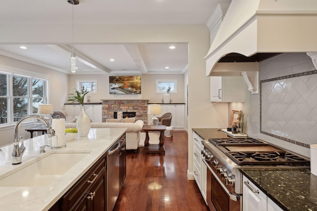 kitchen with a fireplace, custom range hood, a sink, dark wood-style floors, and stainless steel appliances