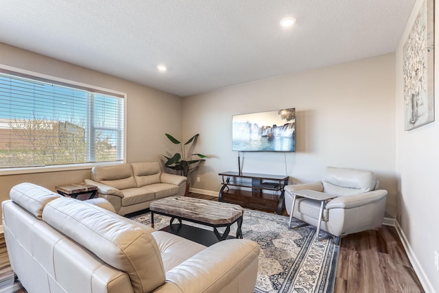 living room with baseboards, recessed lighting, a textured ceiling, and wood finished floors