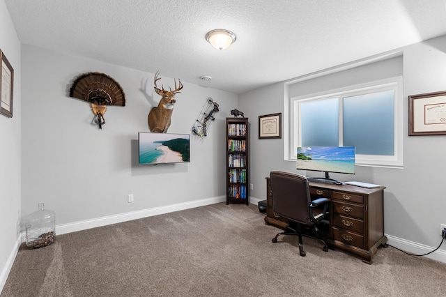 carpeted home office featuring a textured ceiling and baseboards