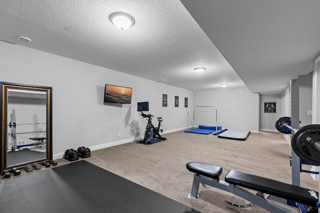 exercise area featuring a textured ceiling, baseboards, and carpet floors