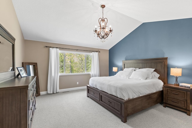 bedroom featuring lofted ceiling, a chandelier, light carpet, and baseboards