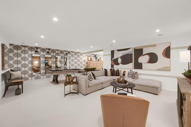 carpeted living area with wallpapered walls, recessed lighting, pool table, baseboards, and an accent wall