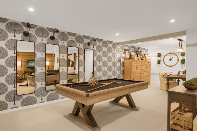 playroom with wallpapered walls, recessed lighting, light colored carpet, billiards, and baseboards