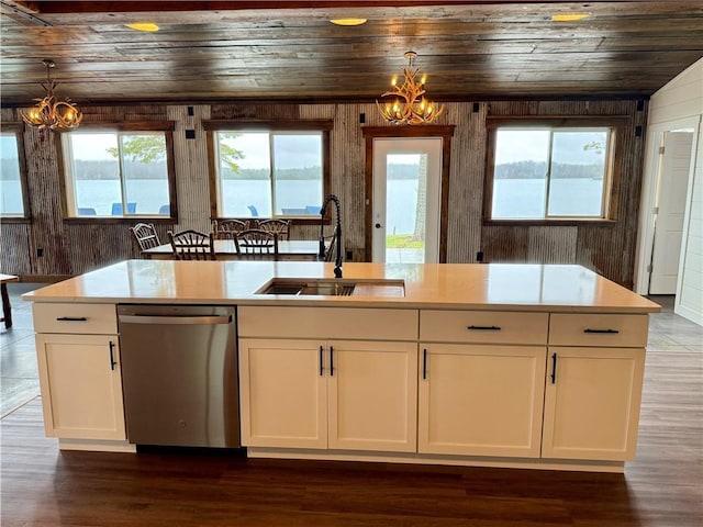 kitchen with wooden walls, an inviting chandelier, a sink, wooden ceiling, and stainless steel dishwasher