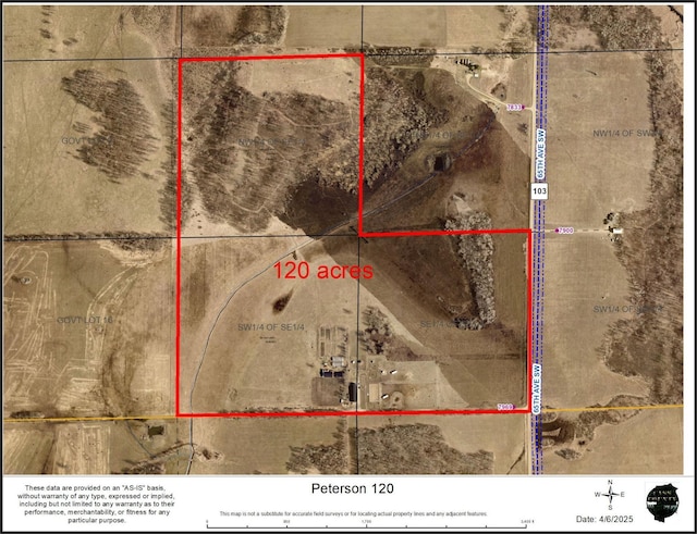 aerial map of property and surrounding area with property boundaries highlighted