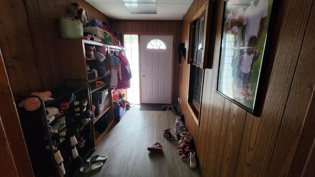 1110 Oakland Ave, Austin, MN 55912 - mudroom with wood finished floors, wood walls, and a paneled ceiling