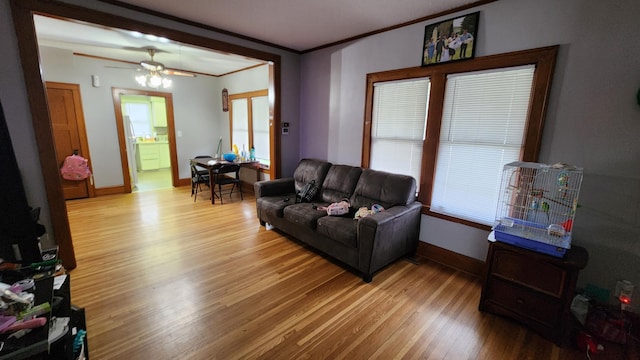 1110 Oakland Ave, Austin, MN 55912 - living area featuring crown molding, light wood-style flooring, ceiling fan, and baseboards