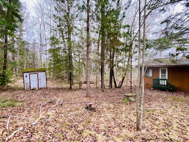 view of yard featuring a storage shed and an outbuilding