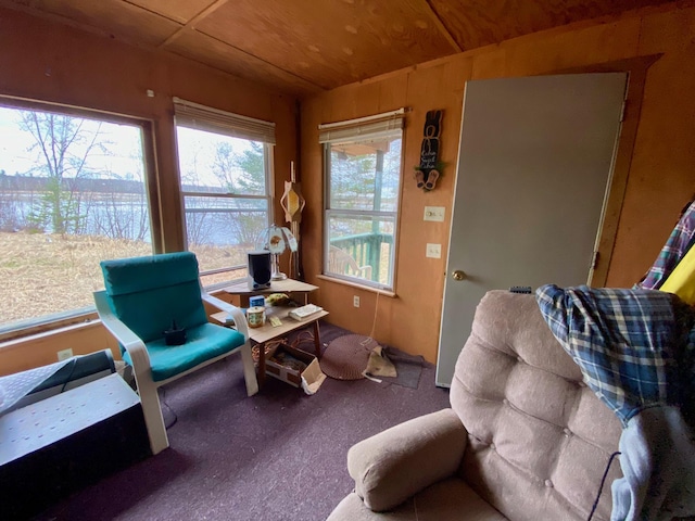 interior space featuring a water view