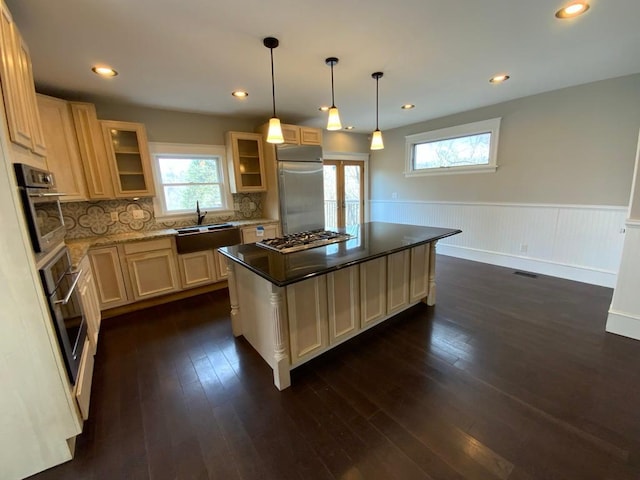 kitchen featuring appliances with stainless steel finishes, wainscoting, dark wood finished floors, a sink, and glass insert cabinets
