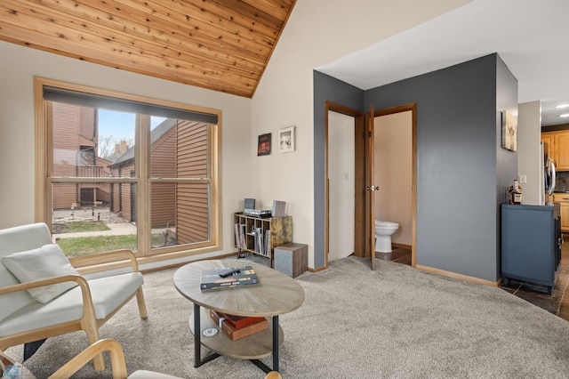 carpeted living room with lofted ceiling, wooden ceiling, and baseboards