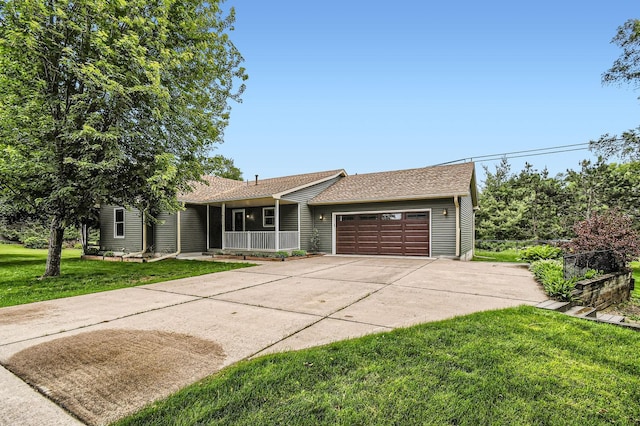 1877 Quasar Ave S, Lake Saint Croix Beach, MN 55043 - ranch-style home featuring an attached garage, driveway, a front lawn, a porch, and roof with shingles