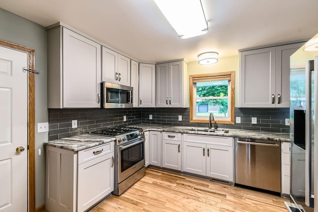 1877 Quasar Ave S, Lake Saint Croix Beach, MN 55043 - kitchen featuring appliances with stainless steel finishes, light stone countertops, light wood-style flooring, backsplash, and gray cabinets