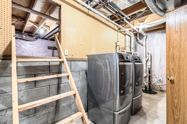 1877 Quasar Ave S, Lake Saint Croix Beach, MN 55043 - laundry room featuring washer and clothes dryer and concrete block wall