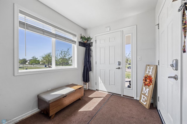 carpeted entryway with plenty of natural light and baseboards