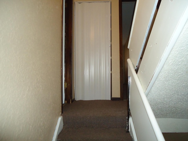 stairway featuring carpet flooring and a textured wall