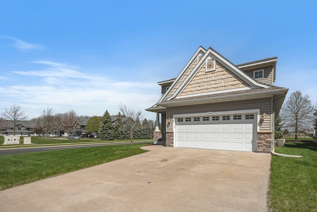 1501 Praha St SE, New Prague, MN 56071 - craftsman-style house featuring concrete driveway, a front lawn, and stone siding