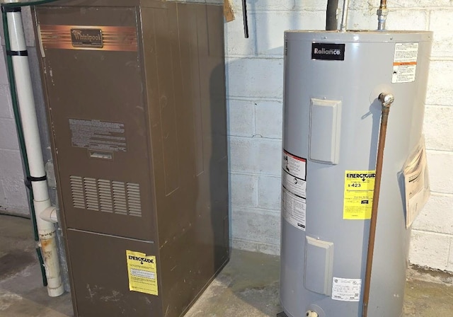 utility room featuring heating unit and water heater