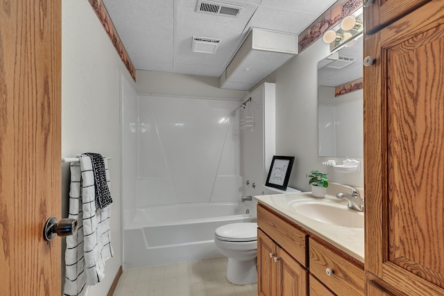 full bathroom featuring visible vents, tile patterned floors, vanity, toilet, and shower / bathtub combination