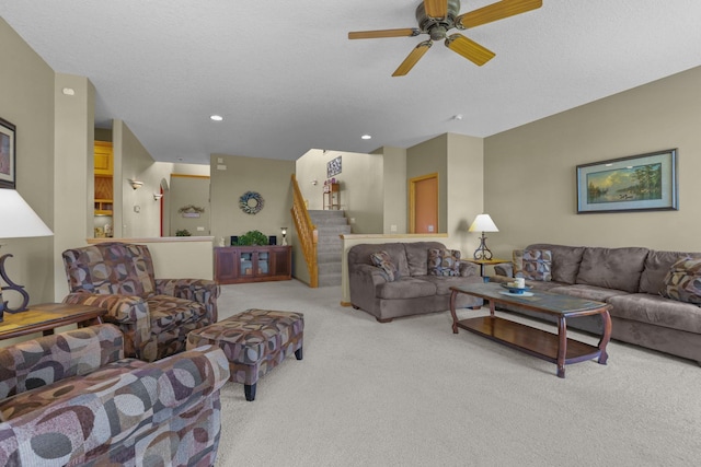 25124 Firefly Ave, Wyoming, MN 55092 - carpeted living room featuring ceiling fan, stairs, and recessed lighting