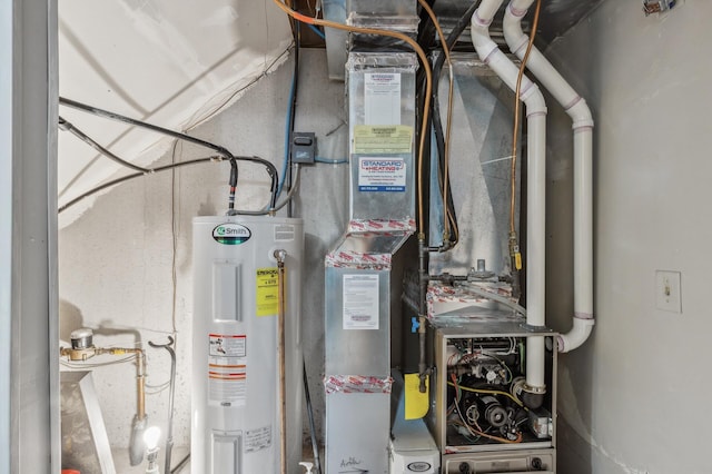 utility room featuring heating unit and water heater