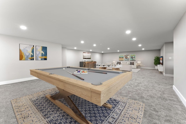 playroom with carpet flooring, recessed lighting, baseboards, and pool table