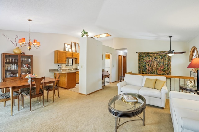 6637 Falstaff Rd, Woodbury, MN 55125 - living area with lofted ceiling, light colored carpet, a chandelier, and a ceiling fan