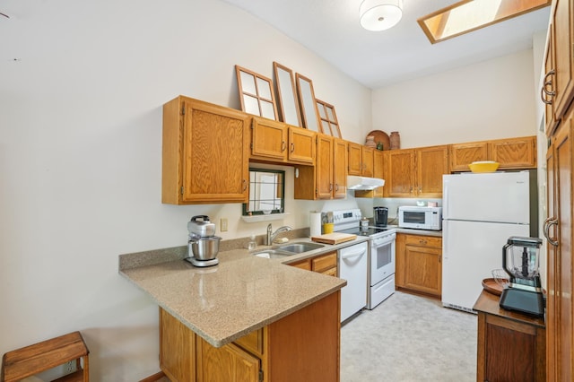 6637 Falstaff Rd, Woodbury, MN 55125 - kitchen with white appliances, a sink, under cabinet range hood, a peninsula, and brown cabinets