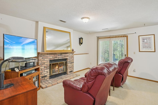 6637 Falstaff Rd, Woodbury, MN 55125 - carpeted living room featuring a brick fireplace, baseboards, and a textured ceiling