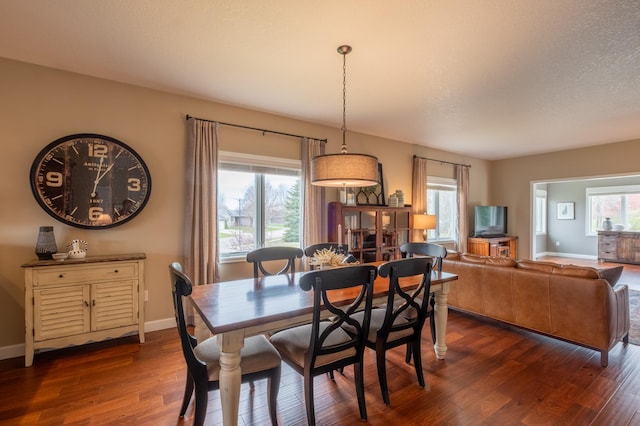 dining space featuring baseboards, a healthy amount of sunlight, and dark wood-style floors