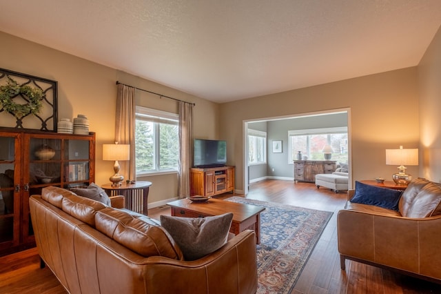 living room with baseboards and wood finished floors